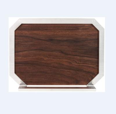 China Sustainable Solid Walnut Octagonal Wood Cutting Serving Board With Stainless Steel Support Frame for sale