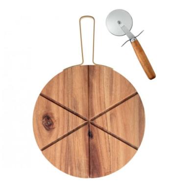 China Sustainable Wooden Pizza Cutter Panel Wooden Pizza Cutting Board With Gold Handle for sale