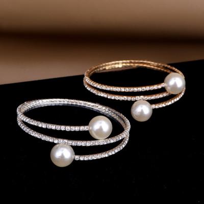 China Environmental Friendly Shiny Pearl Bangle Fashion Rhinestone Bracelet Alloy Ladies Multilayer Winding Electroplating Adjustable Bracelet for sale