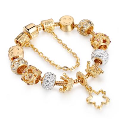 China Vintage Environmental Friendly Gold Filled Glass Jewelry DIY Beads Smile Face Charm Bracelet Crystal Zircon Balls Crown Charm Bangle Women Gift for sale