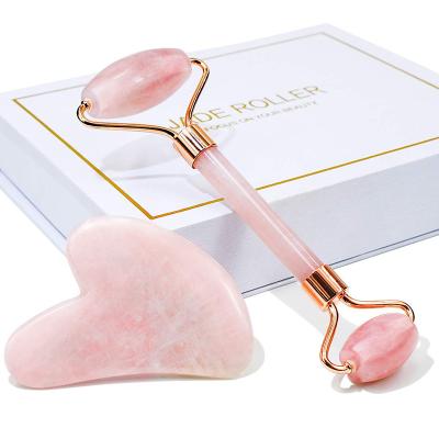 China Portable Wholesale Natural SPA Guasha Massage Stone Facial Tools Rose Quartz Jade Roller Amethyst Crystal Gua Sha Set Face for sale