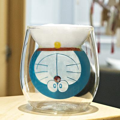 China Factory Sales Doraemon Clear Glass Double Wall Cute Stocked Glass Mug for sale