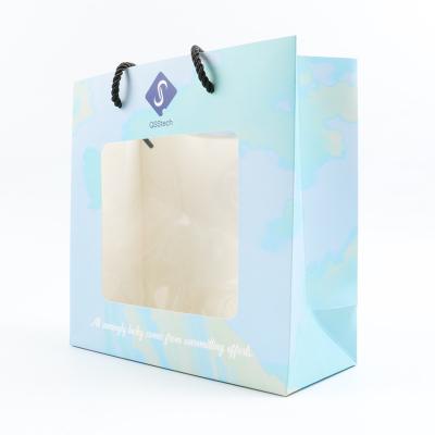 China Custom Recycled Materials Logo Printed Small Personalized Luxury Shopping Tote Gift Paper Bags With Private Ribbon Handles For Jewelry With Windows for sale