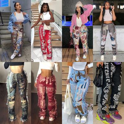 China Autymn Digital Viable Women's 2022 New Product Fashion Printing Street Fringed High Waist Trousers Straight Casual Pants for sale