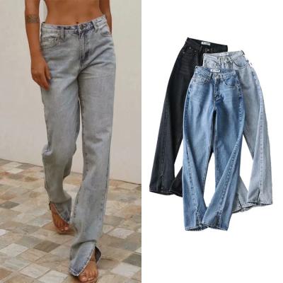 China Breathable Rock Style Distressed Denim Floor-to-ceiling High-waist Solid Color Women's Jeans Slit Casual Women's Jeans for sale