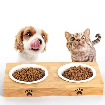 China Automatic Dog Food High Quality Ceramic Wooden Bowl Shelf Double Pet Bowl Pet Bowls for sale