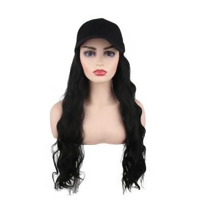 China Long Wave Heat Resistant Synthetic Baseball Cap With Wavy Hair Brown Black Women Wig Caps With Hair Extensions for sale