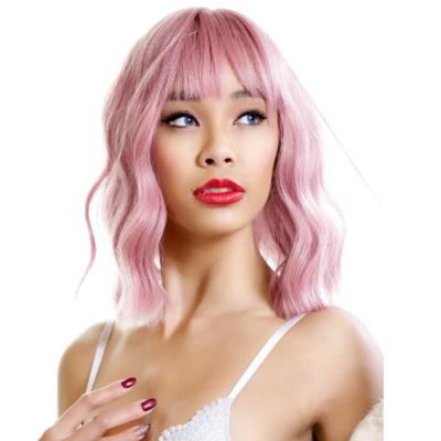 China Heat Resistant Pastel Wavy Wig With Air Bangs Bob Pink Wig Cosplay Curly Wavy Wig For Girl for sale