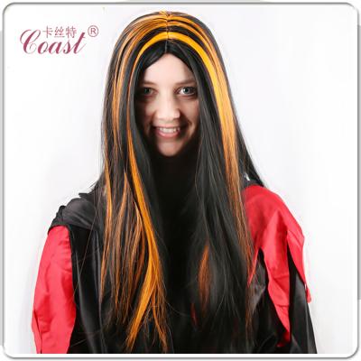 China Fire Make Long Resistant Black Red High Light Synthetic Fiber Halloween Party Witch Hair Straight Wig for sale