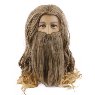 China Long Curly Golden Brown Mustache Wig Men's Halloween Cosplay Wig Anime Costume Thor Golden Wig Heat Resistant for sale