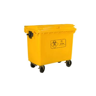 China Durable Outdoor Trash Can Large Capacity 660L Plastic Recycle Mobile Garbage Bins Trash Container With Four Wheels Flat Lid for sale