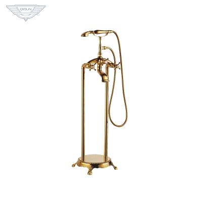 China Freestanding Brass Floor Mounted Double Handle Shower Sliding Bar Bathroom Bathtub Faucet for sale