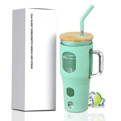 China 32oz Viable Glass Tumbler Sublimation Wooden Lid and Straw Glass Water Bottles with Handle for sale