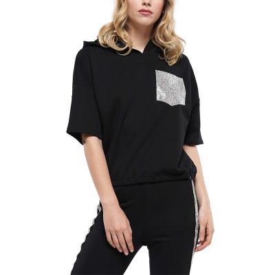 China Wholesale High Quality Anti-wrinkle Fashion Women's Short Sleeve Hoodie With Stone Feature Heat Trim for sale