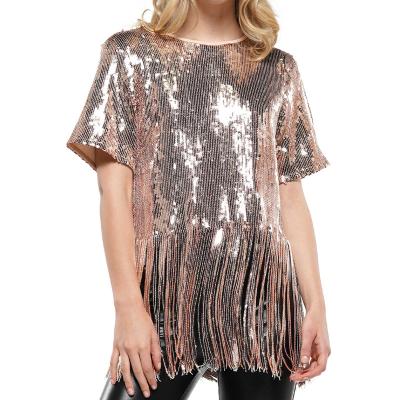 China Anti-wrinkle European and American market women fashion hot sale fringe trim sequin top for sale