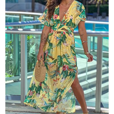 China 2022 Summer Anti-Static Yellow Split Floral V-Neckline Dress for sale