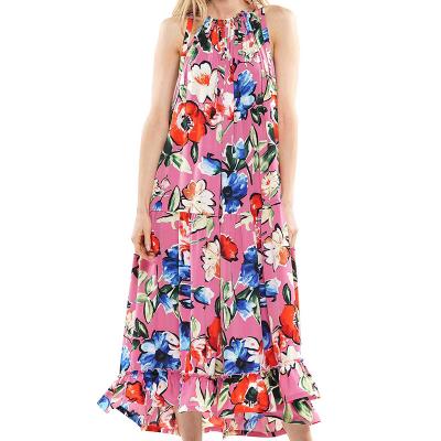 China Dry Cleaning Fashion Women Dress To Launch Digital Printing Flowy Vacation Dress for sale