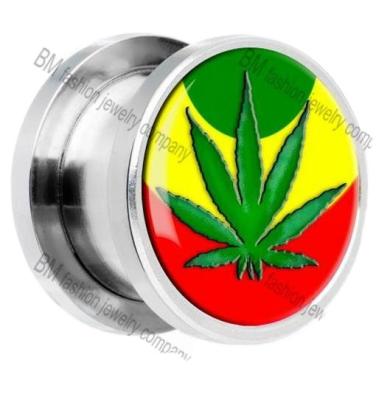 China Punk Large Gauge Steel Rasta Ganga Leaf Screw Fit Ear Saddle Plug Body Jewelry for sale