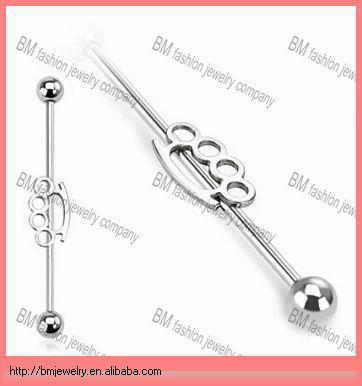 China Fashion popular hot selling unique industrial straight 316L stainless steel barbell body jewelry with brassknuckle earring perforations for sale