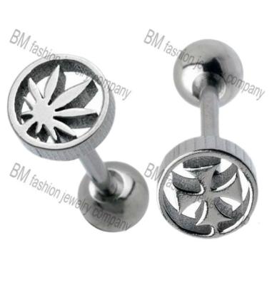 China Flat Product Barbell Punk Tongue Rings Body Piercing Jewelry With Leaf Logo Design for sale