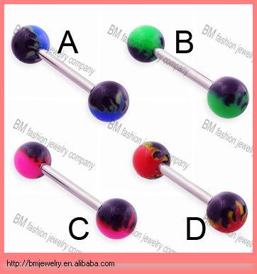 China Fashion body jewelry straight barbell tongue ring penis piercing with industrial flame balls ear barbell for sale