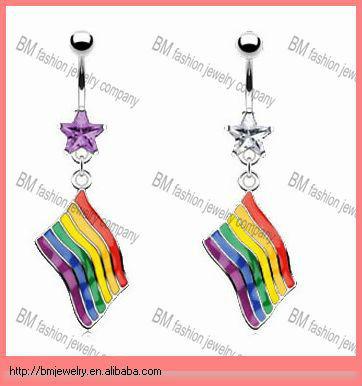 China Fashion Charming Handsome Gay Pride Cute Rainbow Flag Navel Dangling Belly Rings Body Piercing Jewelry for sale