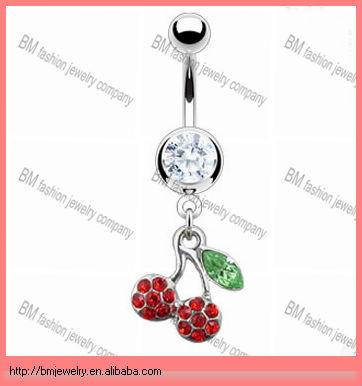 China Fashion Body Jewelry Cute Fake Belly Piercing Rings With Dangle To Pave Jeweled Cherries for sale