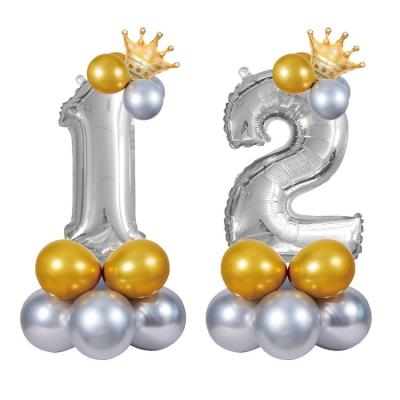 China Happy Birthday Anniversary 0 to 9 Silver Foil Number Filled Rose Gold Crown Balloons Sets for sale