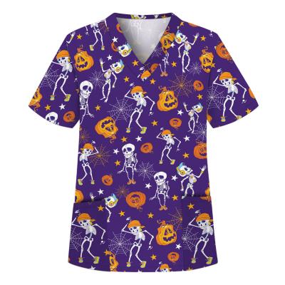 China Printing Scrub Top Polyester Quick Dry Helloween Care Good Quality Pumpkins To Scrub Top Fitted Spandex Top Scrub Suit for sale