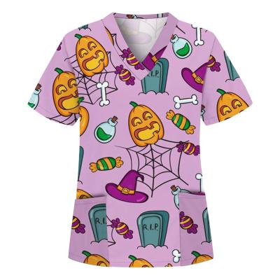 China Printing Scrub Main 2021 Polyester Spandex Four Way Fabric Designer Halloween Cute Stretch Cartoon Female Scrub Tops for sale