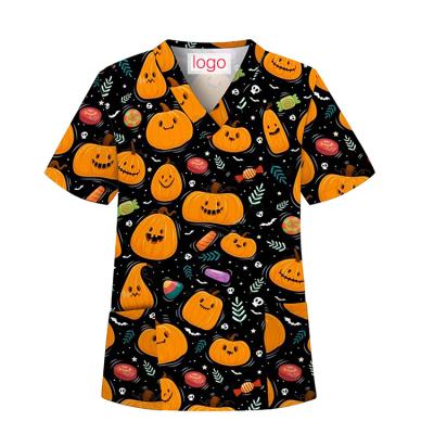 China Printing Scrub Tops Halloween Hospital Uniform Work Top Short Sleeve Shirt Cute Printed Scrubs for sale