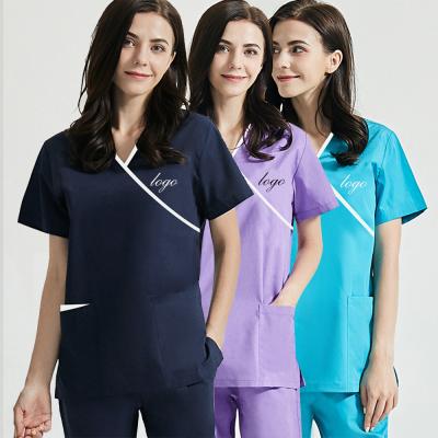 China Custom Logo Summer Caregiver Top Women Solid Top+Pant Label Color Scrubs Nursing Running To Scrub Top Spandex for sale