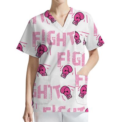 China Printing Scrub Tops Hospital Medical Nurse Uniform Pink Ribbon Awareness Breast Cancer Scrubs Tops For Fat Women for sale