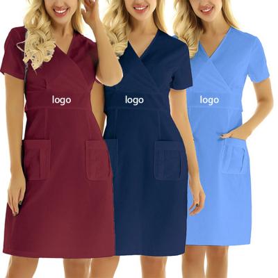 China Printing Scrub Tops Hospital Scrubs Medium Slim Nurse Uniform White Dress V-Neck Styles Design 2 Pockets Dress Nurse for sale