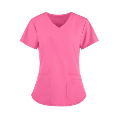 China Printing Scrub Tops Comfortable Printed Spandex Fabric Logo Pink Color Nursing Suit Tops Women Scrubs Uniforms With Prints for sale