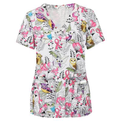 China Printing Scrub Tops Floral Printed Women Doctor Hospital Nurses Scrubs Medical Top Uniform With 2 Pockets for sale