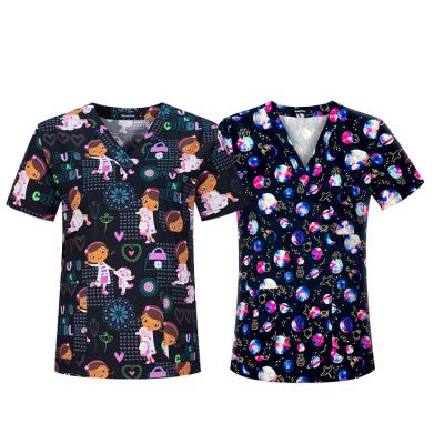 China Printing Scrub Tops High Quality Nurse Medical Polyester V-Neck Cartoon Print Scrub Tops For Women Scrubs Uniform for sale