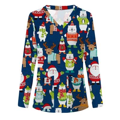 China Printing Scrub Tops Nursing Uniform Long Sleeve V Neck Polyester Spandex Fabric Elasticity Christmas Scrub Colorful for sale