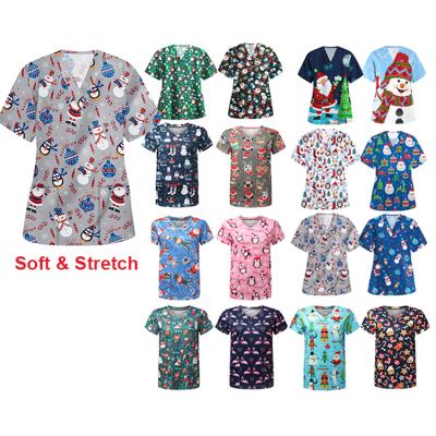 China Printing Scrub Tops Healthcare Center Dentistry Nursing Uniforms Custom Printed V-Neck Women Scrubs Hospital Christmas Scrubs Tops for sale