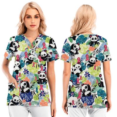 China Print Scrub Top Breast Cancer Loose Fit V Neck 3 Pocket Scrub Set For Women Stretch Floral V-Neck Scrub Top Women's Cotton Drop Print Scrub Top for sale