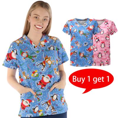 China Printing Scrub Tops Hot Logo Printing Eco - Friendly Hospital Tops Heavy Duty Working Hair / Stretch Christmas Customized Sublimation Printed Scrub for sale