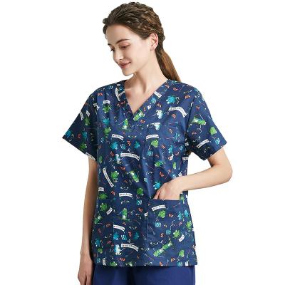 China Print Scrub Tops Nurse Cotton Polyester Fabric Cute Cartoon Sublimation Drop Print Women Scrub Tops for sale