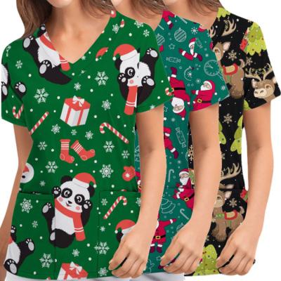 China Printing Scrub Tops Cheap Price Good Quality Shorts Sleeve Shirt Hospital Wear Nurses Christmas Gifts Holidays Scrub Top for sale