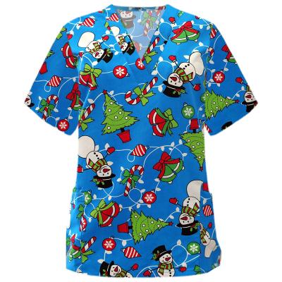 China Printing Scrub Tops Breathable Fabric Cotton Printing Merry Christmas Holiday Nurse Medical Uniforms Scrub Top for sale