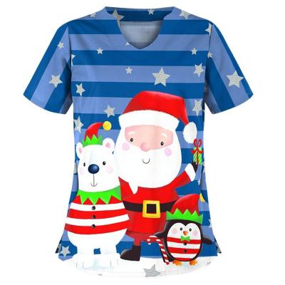 China Printing Scrub Top Polyester Printing Nurses Uniform Medical Team Hospital Nursing Scrub Christmas Scrub Top for sale