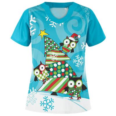 China Printing Scrub Tops Short Sleeve Polyester Hospital Uniforms Medical Christmas Scrubs Christmas Scrubs Uniforms for sale