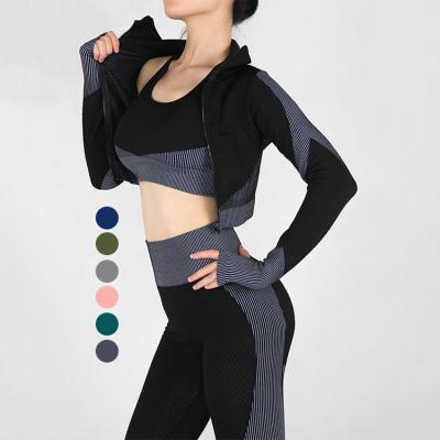 China 2021 New Fashion Seamless Elasticity Pants Breathable 3 Piece Yoga Set With Jacket Vest for sale