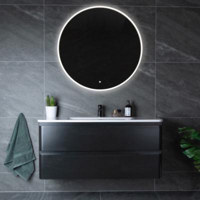 China Modern Black Bathroom Furniture Cabinet With Round LED Mirror for sale