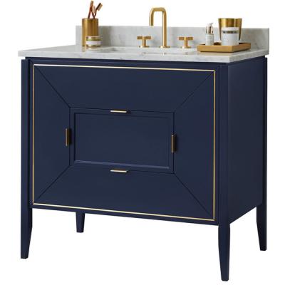 China Modern Navy Blue Bathroom Vanity Set with Natural Carrara Marble for sale