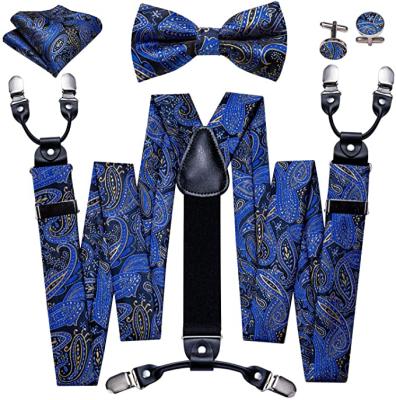 China Dynastyle Men's Durable Paisley Suspender And Bow Tie Set With Pocket Square Floral Cuff Links Y Shape 6 Staples Braces for sale